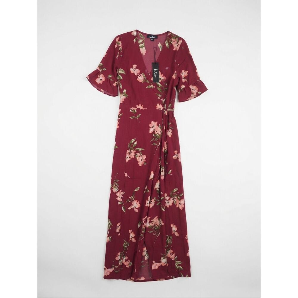 NEW Lulus S September Sunsets Burgundy Floral Maxi Wrap Dress Autumn Romantic